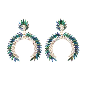 Exaggerated geometric C-shaped hoop earrings with colorful crystal rhinestones in alloy