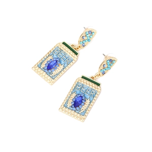 Luxurious gold-tone beer bottle earrings with blue crystals and green enamel detail