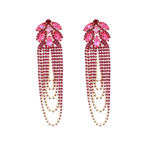 Luxurious pink crystal tassel earrings with geometric rhinestone fringe in gold setting