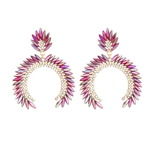 Exaggerated geometric C-shaped drop earrings with magenta marquise diamonds and gold plating