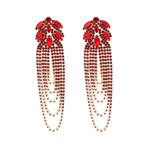 Luxurious deep red rhinestone tassel earrings with golden geometric fringe design