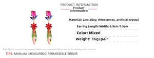 Detailed view of multicolor crystal earrings showing dimensions 6.9cm by 1.5cm