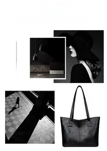 Détail d'un sac cabas noir en cuir à patchwork géométrique avec une surface texturée