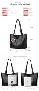 Détails du grand sac cabas noir en PU avec tableau des tailles et dimensions 33x27x13cm