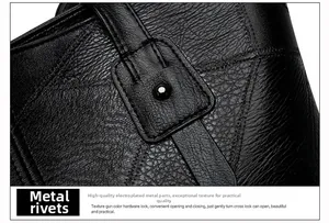 Vue macro d'un rivet métallique et du cuir noir à grain litchi sur un sac à main