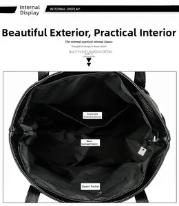 Vue intérieure du grand sac cabas en cuir avec compartiment et poches zippées