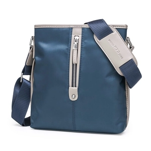 Men's navy oxford fabric shoulder bag with grey leather trim and adjustable strap