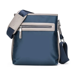 Men's navy oxford fabric crossbody shoulder bag with grey piping and brand strap