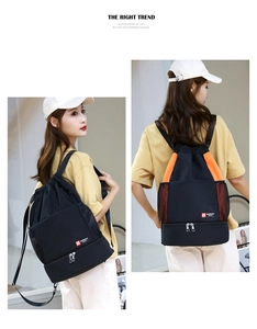 Détail du grand sac à dos de sport à cordon avec poches latérales en filet et compartiment