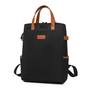 Zaino business impermeabile per donna in nylon nero con dettagli in pelle marrone