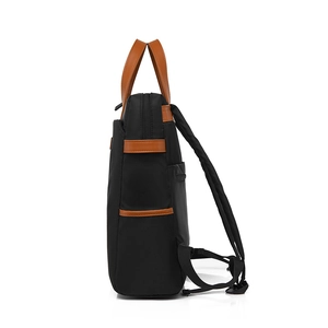 Zaino porta PC nero impermeabile da donna con finiture in pelle marrone vista laterale