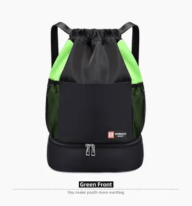Vue de face du grand sac de sport à cordon avec poches latérales en filet vert fluo