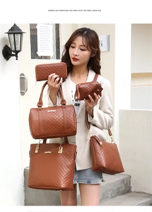 Ensemble 6 pièces en cuir PU matelassé marron avec sac cabas et portefeuilles