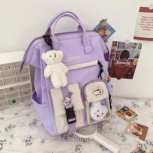 Minimalist purple canvas backpack with plush bear pendant and decorative cute pins