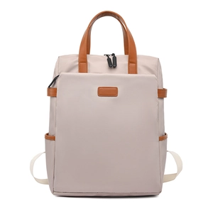 Minimalistischer 15,6-Zoll Damen-Laptop-Rucksack in Beige mit braunen Lederdetails