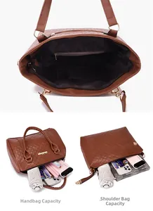Détails de l'intérieur d'un grand sac matelassé marron avec poches et rangement d'objets
