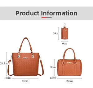 Detailed view of woven brown PU leather bag set including tote and boston handbag dimensions