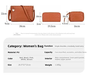 Detailed size chart for the woven PU leather multi-piece handbag set in brown finish