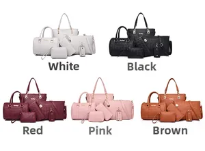 Detailed five-piece set of woven texture handbags in white, black, burgundy, pink, and brown