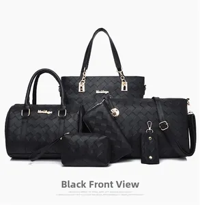 Detailed 6-piece set of black woven texture handbags with gold-tone hardware on white