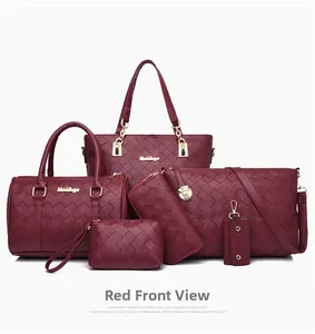 Detailed six-piece set of woven texture burgundy handbags with gold metal zippers