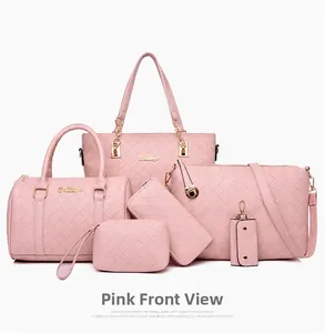 Pink woven texture 6-piece handbag set featuring tote, crossbody and matching accessories