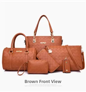 Front view of a 6-piece brown woven texture handbag set with tote and crossbody bags