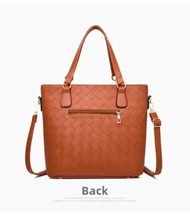 Brown woven leather tote bag featuring a rear zipper pocket and detachable shoulder strap