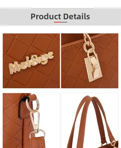 Macro view of woven leather texture, gold logo, and buckle details on a brown tote bag