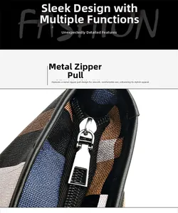 Close-up of premium silver metal zipper hardware on stylish checkered printed handbag