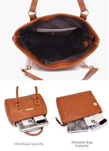 Detailed view of brown woven tote and crossbody bag set with spacious interior compartments