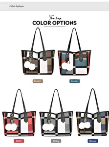 Five geometric pattern tote bags with pom-pom charms in brown green red grey and blue