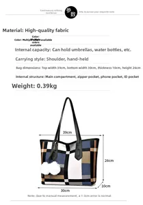 Detailed view of large plaid tote bag dimensions with internal pocket structure