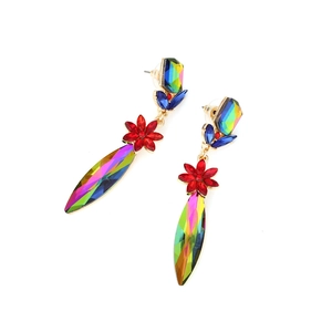 Chic long drop earrings with geometric crystals and colorful rainbow gemstones