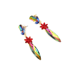 Detail of crystal drop earrings featuring colorful iridescent stones and golden settings
