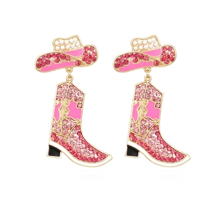 Cowboy Hat And Boot Drop Earrings Rhinestone Enamel Faux Artificial Pearl Western Fashion Jewelry For Women