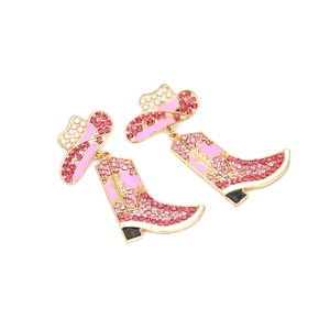 Pink western cowboy boot and hat earrings with sparkling crystals and enamel details