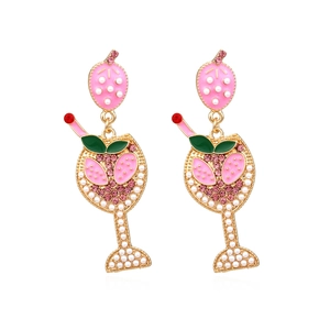 Boucles D'oreilles Pendantes Verre De Cocktail Pour Femmes Alliage Strass Imitation Künstliche Perle Fraise Émail Bijoux