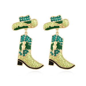 Fashionable green rhinestone cowboy boot and hat drop earrings with gold finish
