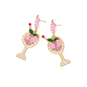 Boucles d'oreilles verres à vin dorées avec strass roses et perles blanches