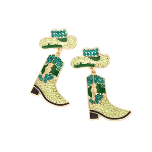 Fashionable cowboy hat and boot drop earrings with colorful rhinestones and green enamel