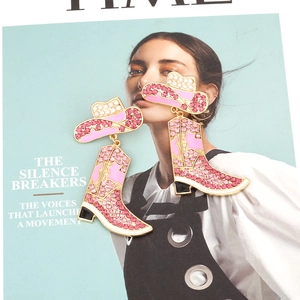 Pink rhinestone cowboy boot earrings with hat charm on stylish gold metal base