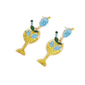 Boucles d'oreilles verre à cocktail dorées avec cristaux et strass jaunes et bleus