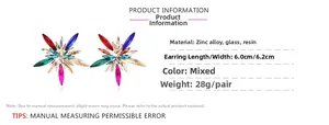 Detailed size view of colorful floral rhinestone earrings measuring 6.0x6.2cm