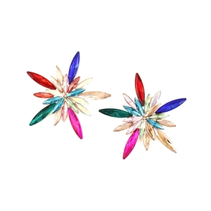 Close-up of sparkling colorful marquise crystal flower stud earrings on white backdrop