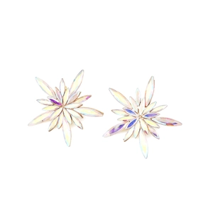 Close-up of starburst flower stud earrings with colorful crystal petals in radial layout