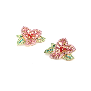 Boucles d'oreilles fleurs avec pétales en cristal rose et strass colorés sur or
