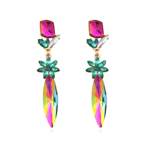 Bohemian geometric long earrings with colorful crystal drop and floral design on white back