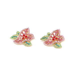 Vue macro de boucles d'oreilles fleurs colorées avec strass multicolores sur base dorée