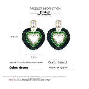 Detailed dimensions of green rhinestone heart earrings with fringe, height 6.5cm width 5.1cm